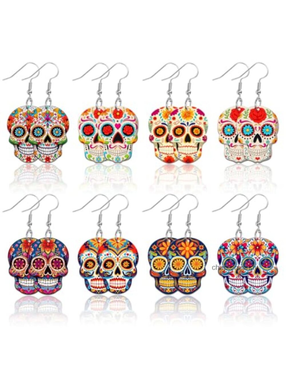 Day of the Dead Acrylic Skull Dangle Earrings Set 8 Pairs